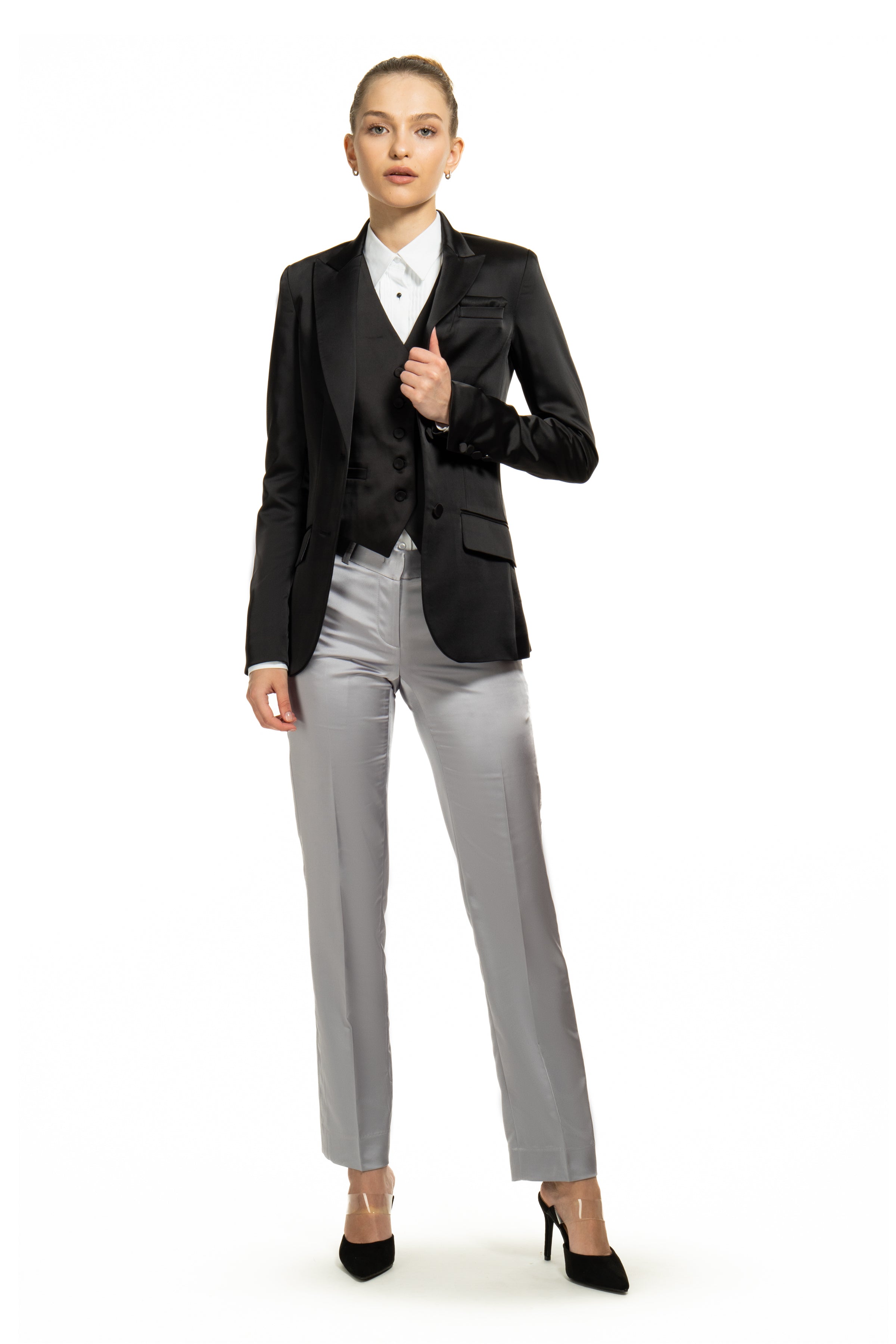 Silver Gray Satin Slim Fit Tuxedo Pants w/ Satin Back Pocket