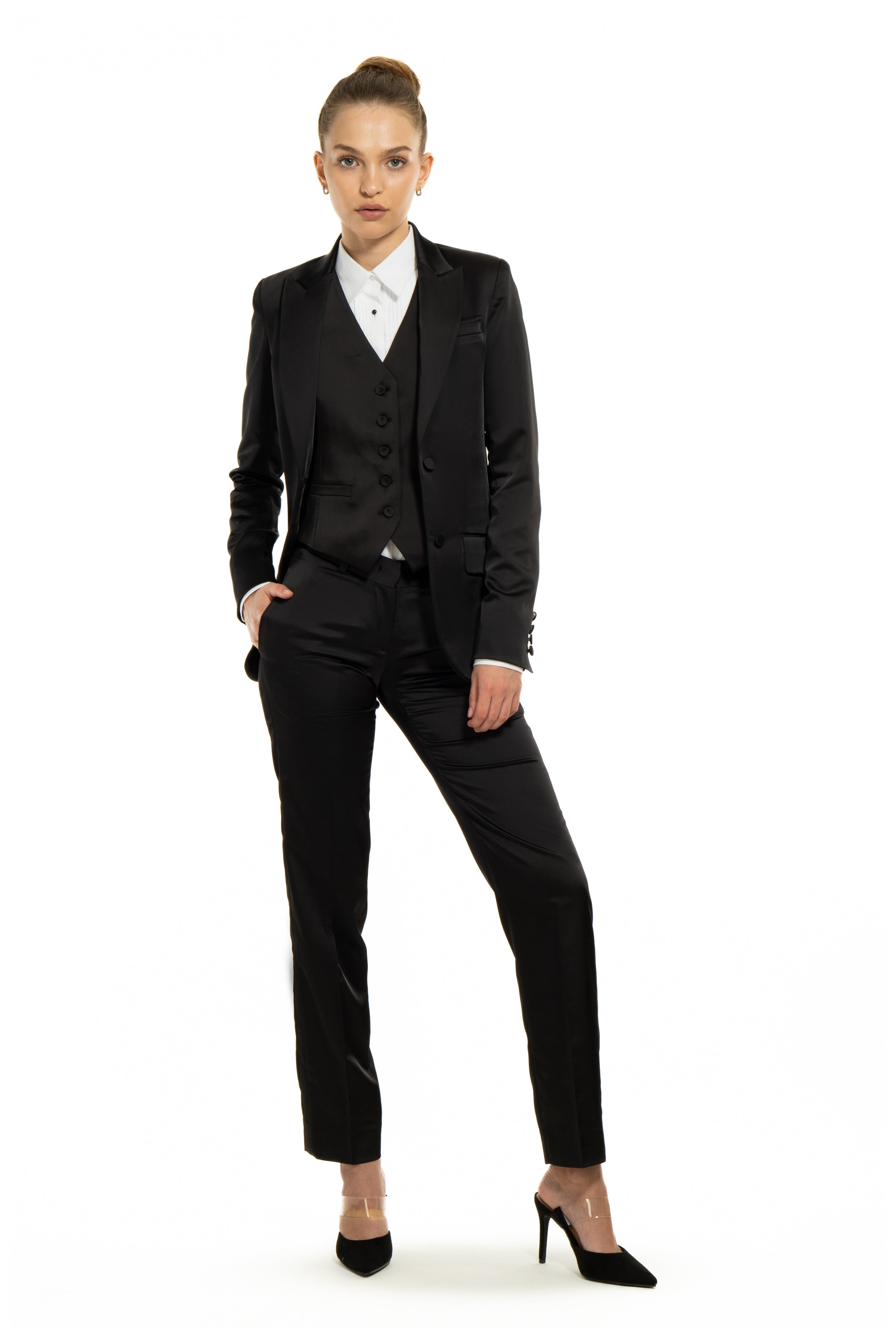 Black Satin Slim Fit Tuxedo Pants w/ Satin Back Pocket