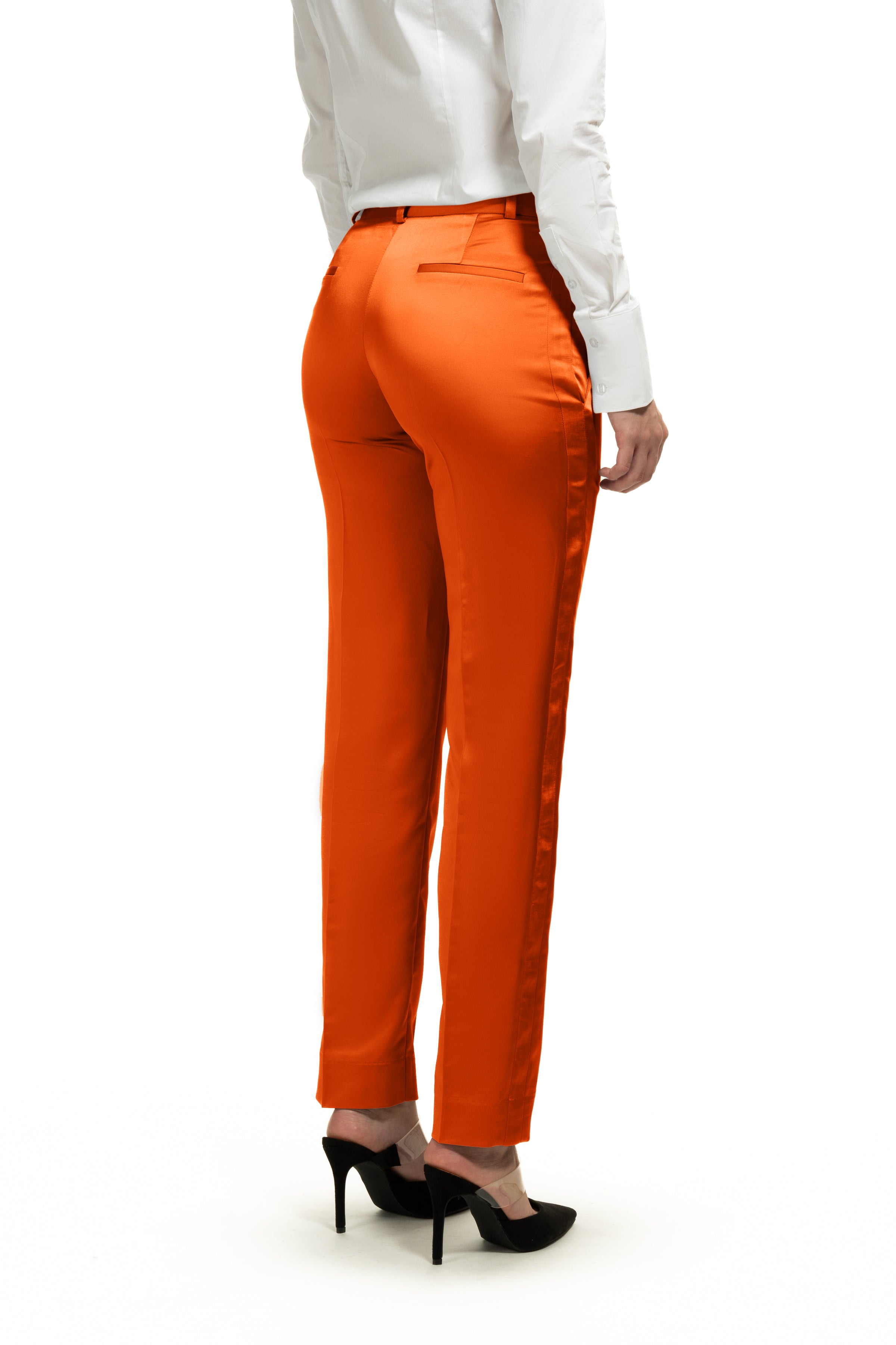 Copper Orange Satin Slim Fit Tuxedo Pants w/ Satin Back Pocket