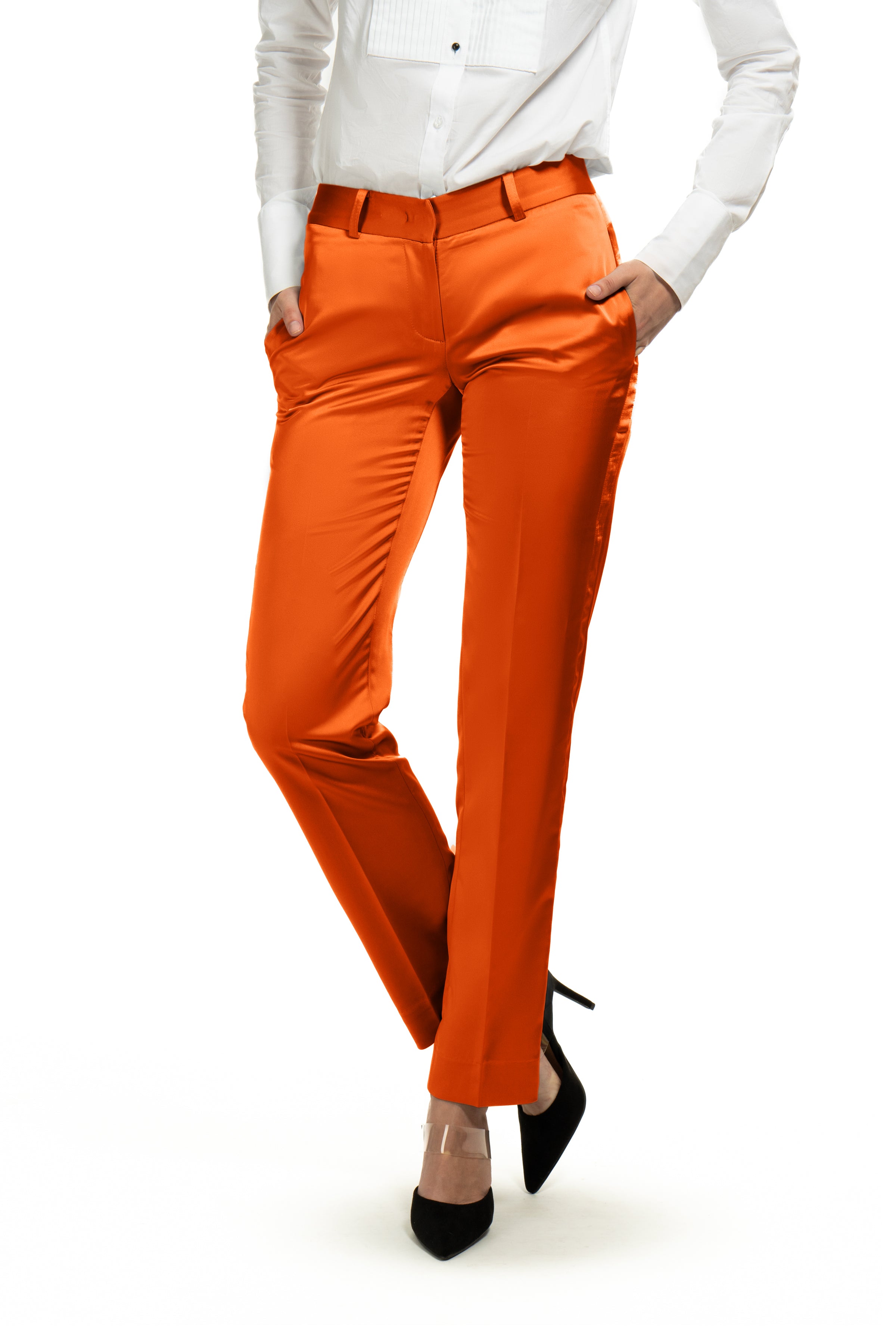 Copper Orange Satin Slim Fit Tuxedo Pants w/ Satin Back Pocket