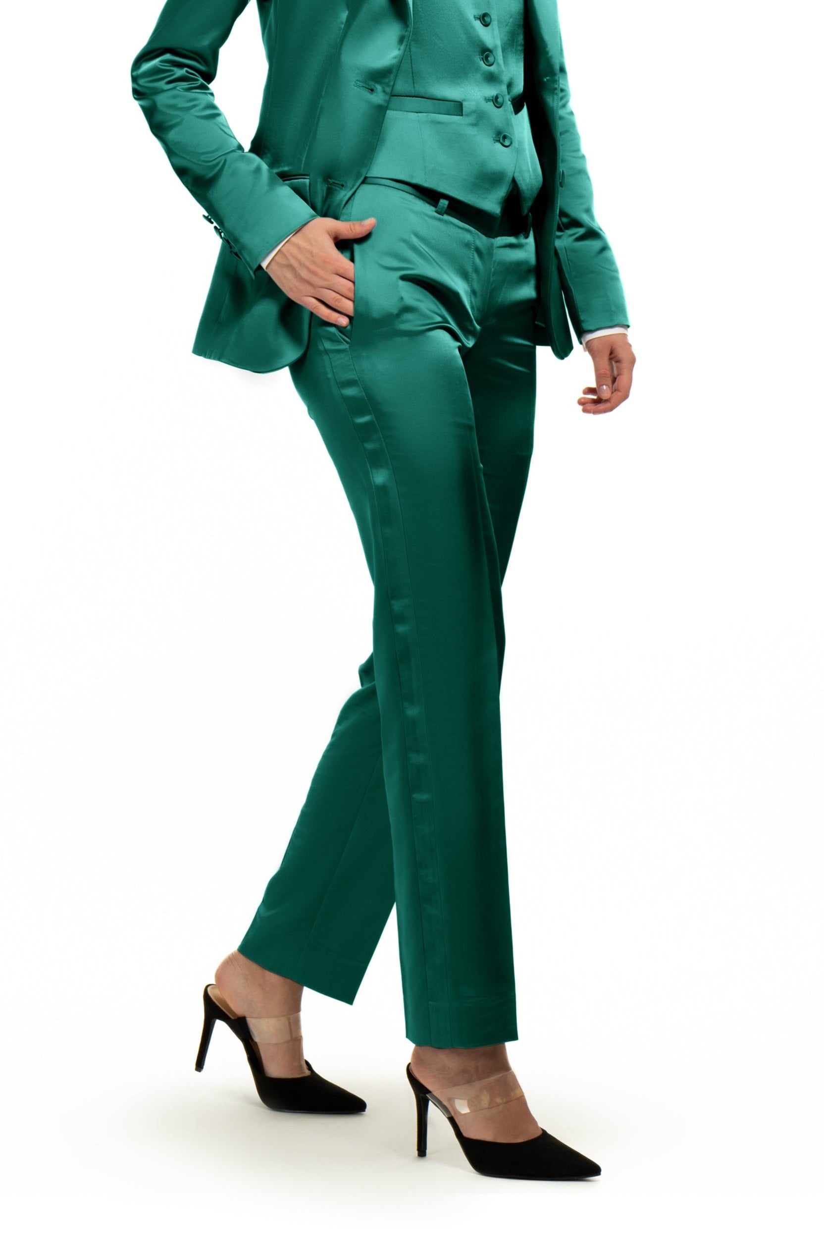 Buy Emerald Green Satin Slim Fit Tuxedo Pants for Women – LITTLE