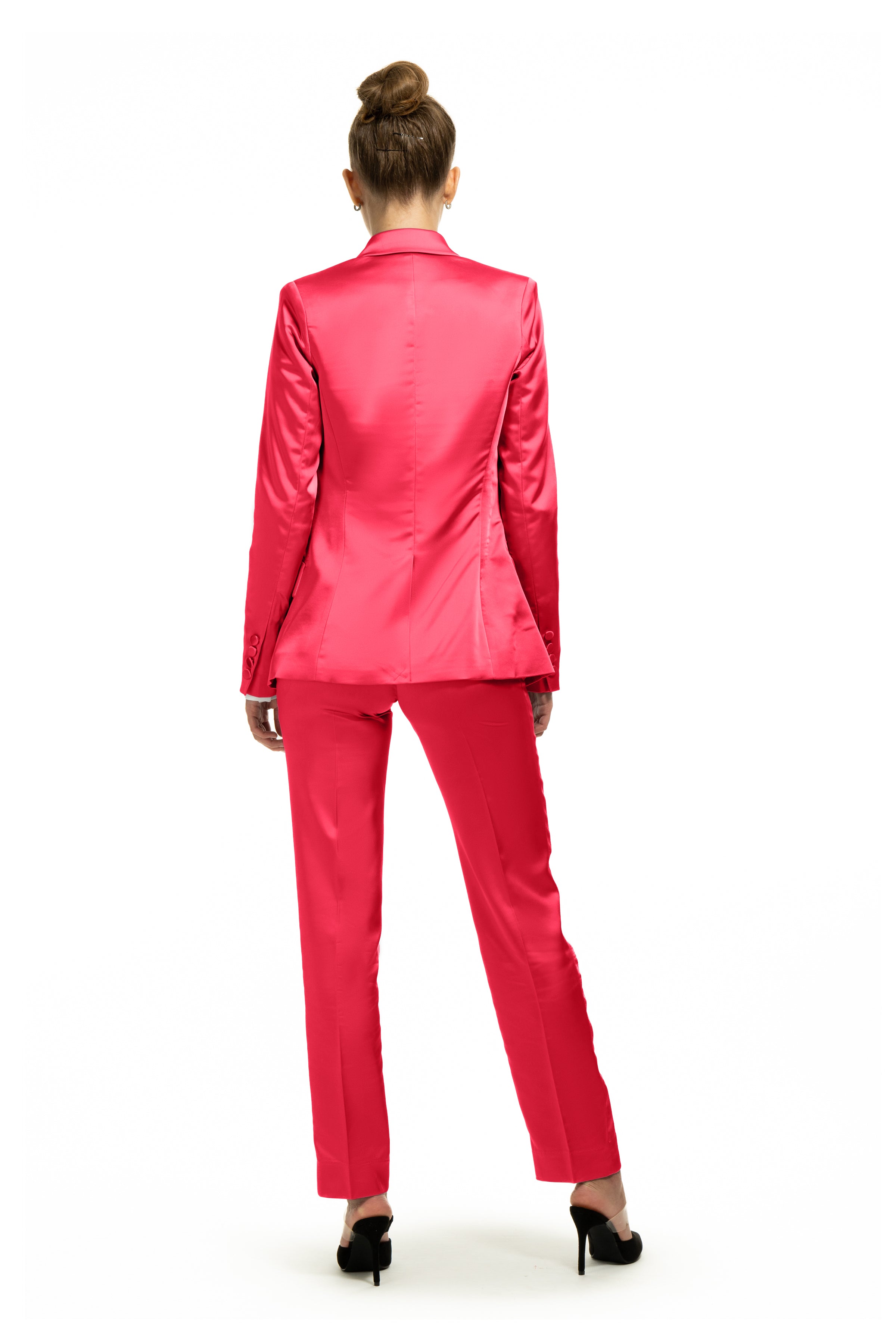 Fuchsia Satin Slim Fit Tuxedo Pants w/ Satin Back Pocket