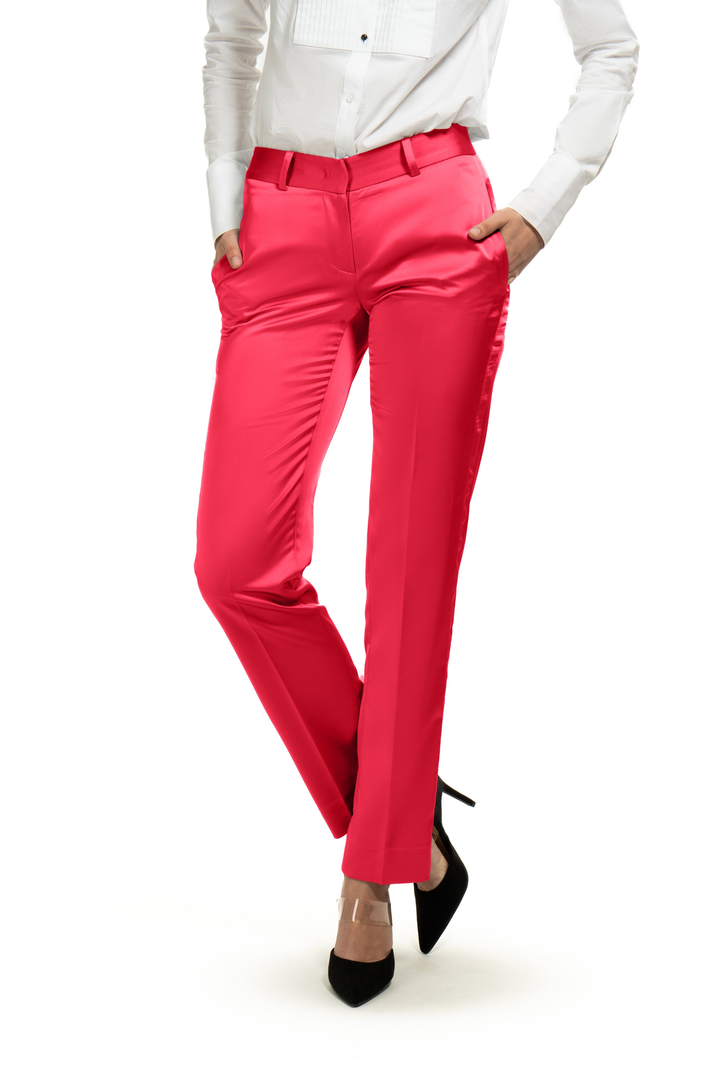 Fuchsia Satin Slim Fit Tuxedo Pants w/ Satin Back Pocket