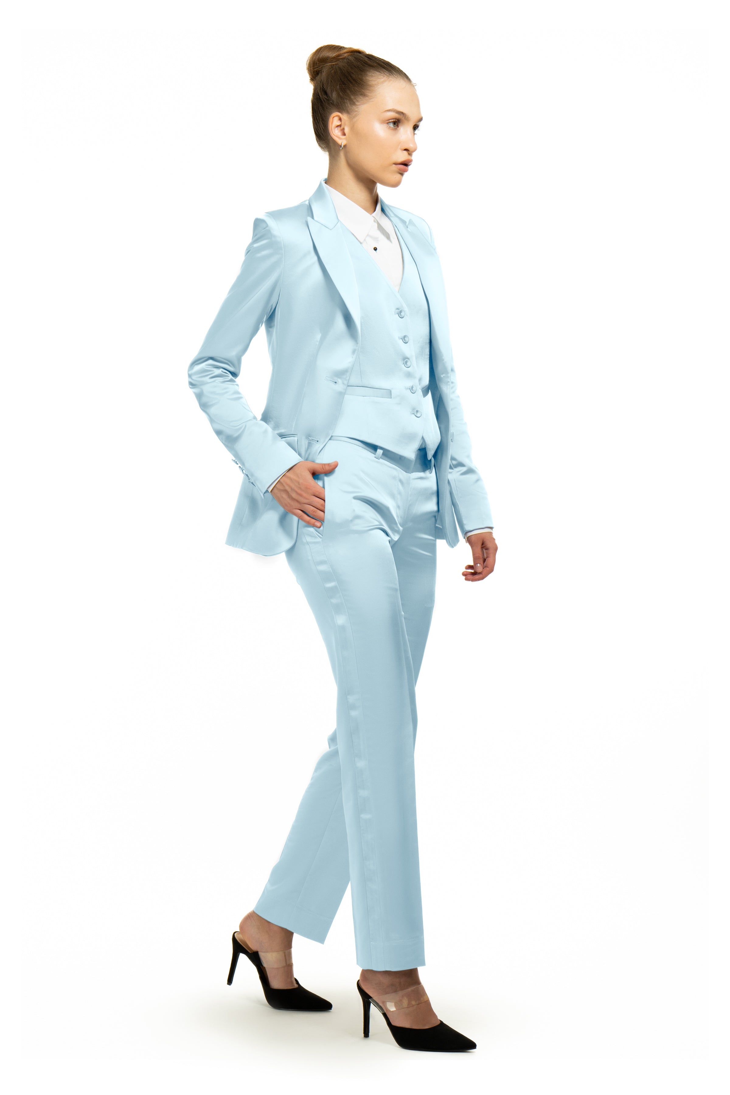 Sky Blue Satin Slim Fit Tuxedo Pants w/ Satin Back Pocket