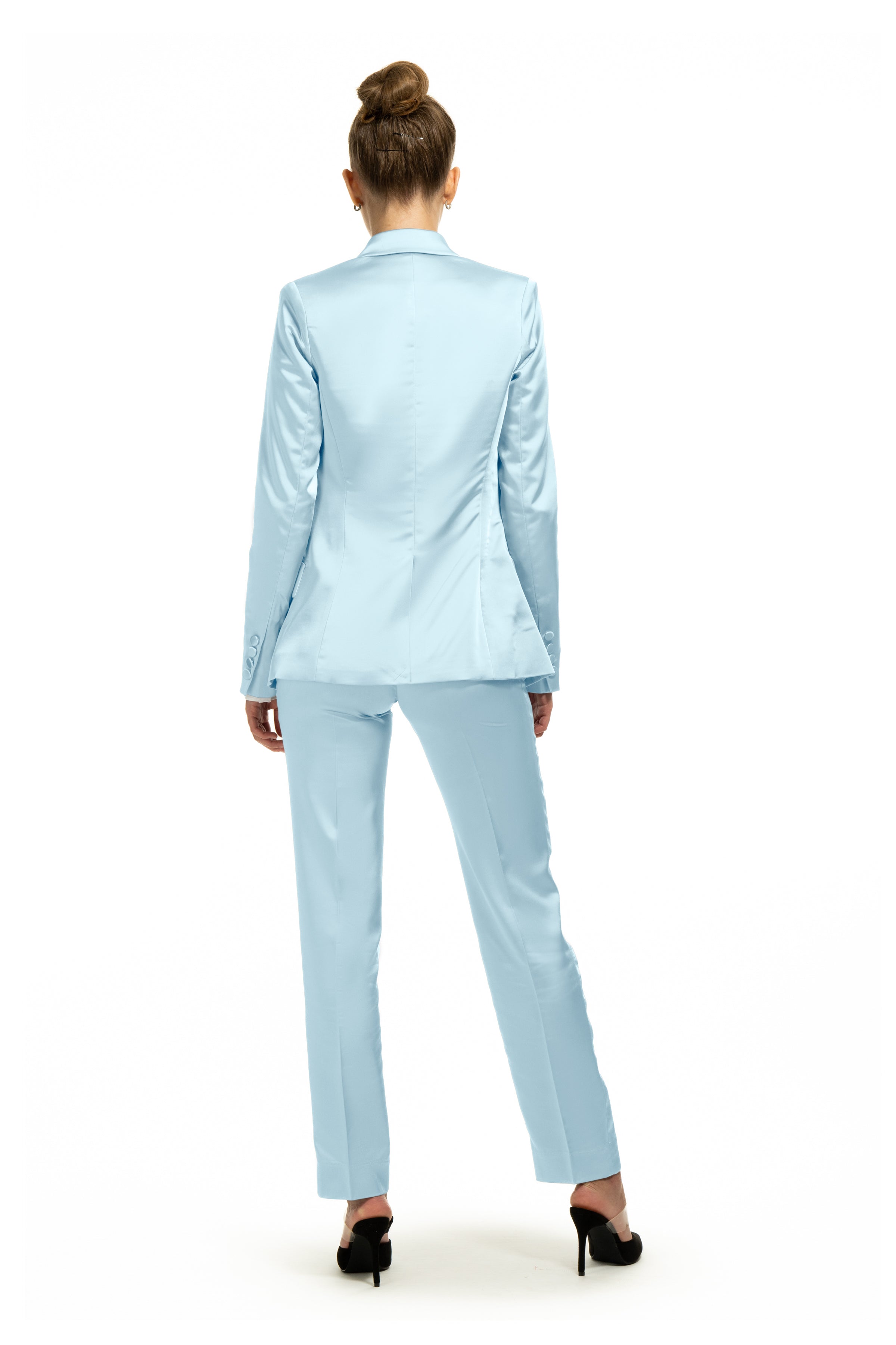 Sky Blue Satin Slim Fit Tuxedo Pants w/ Satin Back Pocket