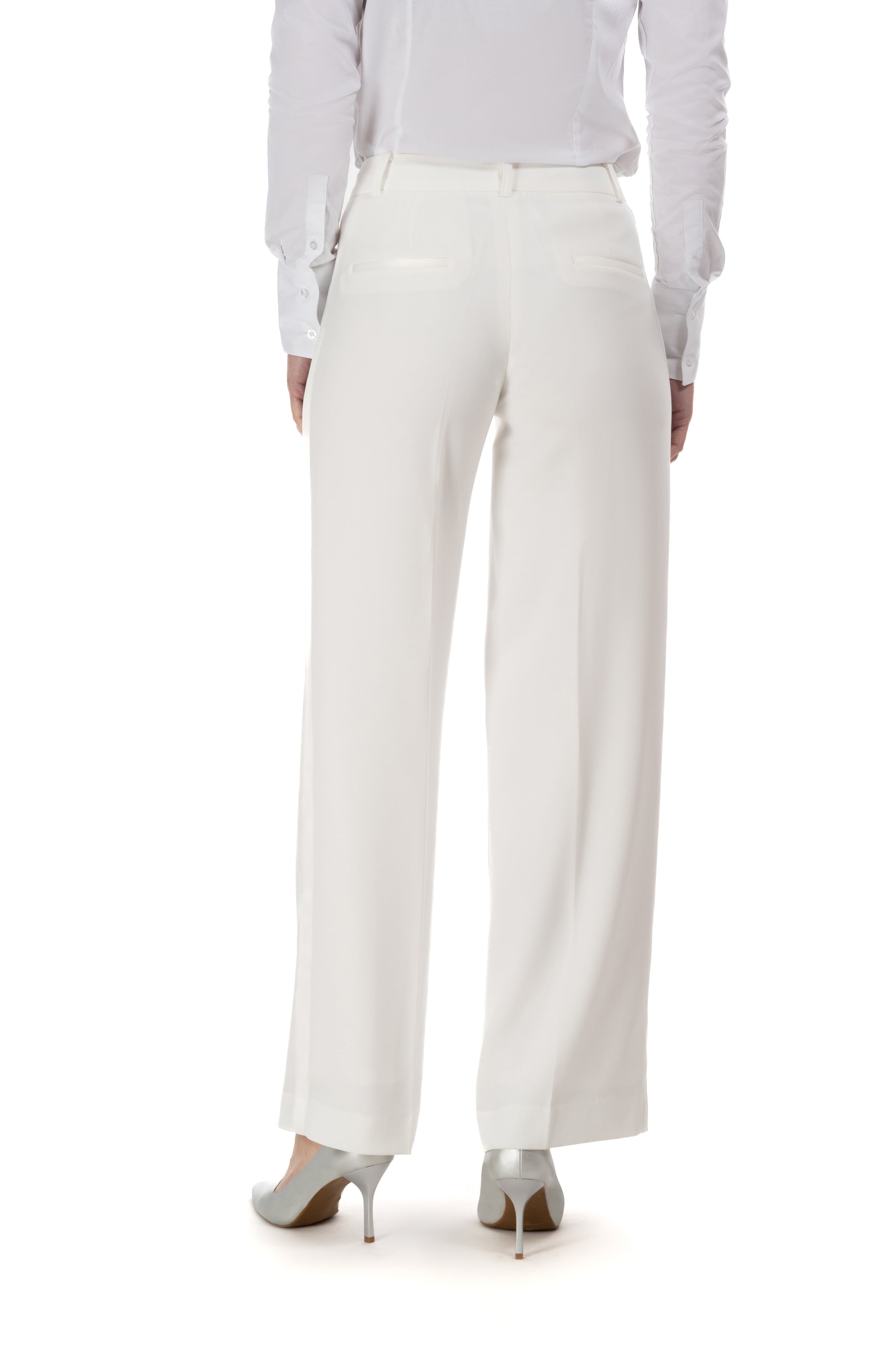 Pearl White Straight Wide Fit Tuxedo Pants w/ Satin Back Pocket