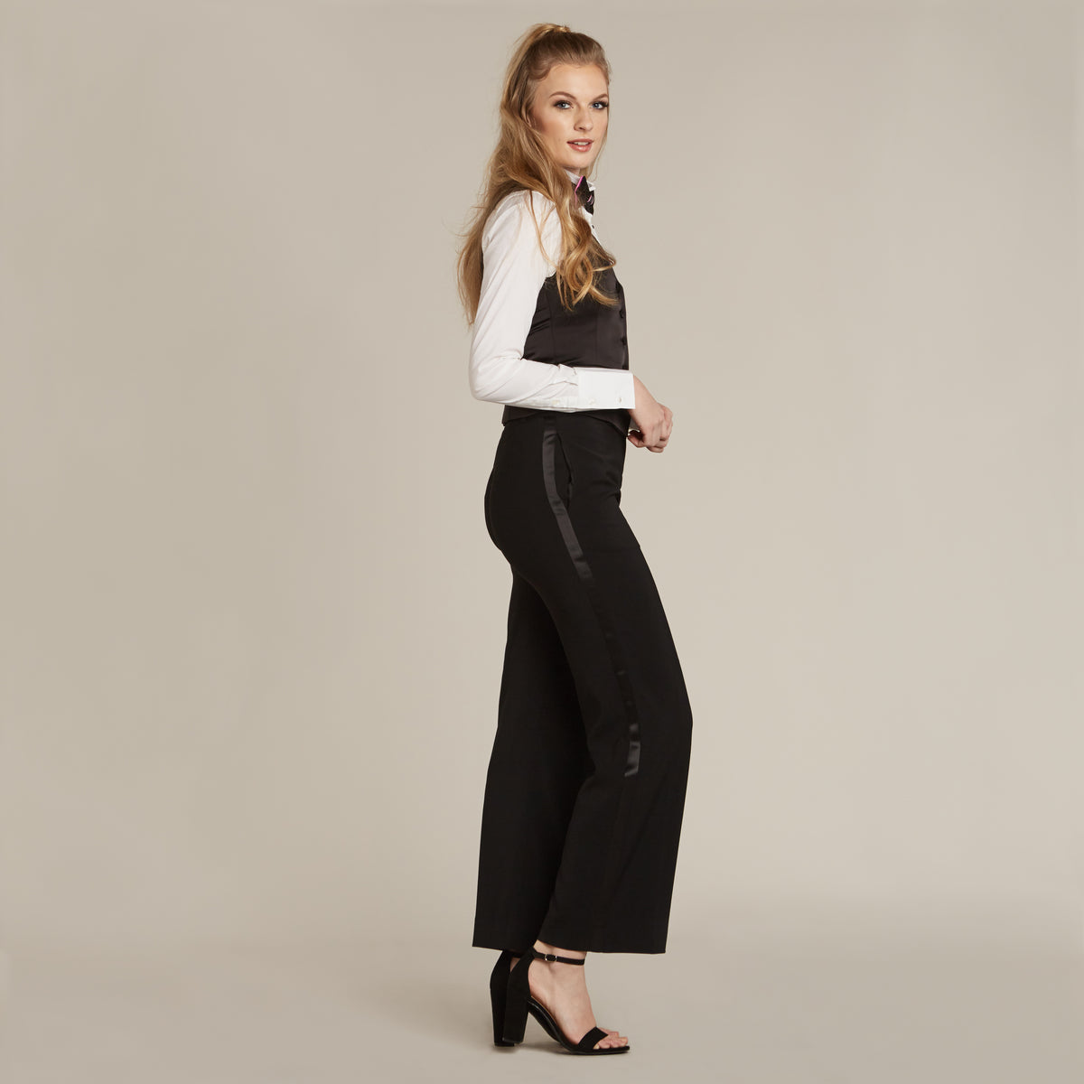 Black Straight Wide Fit Tuxedo Pants w/ Satin Back Pocket