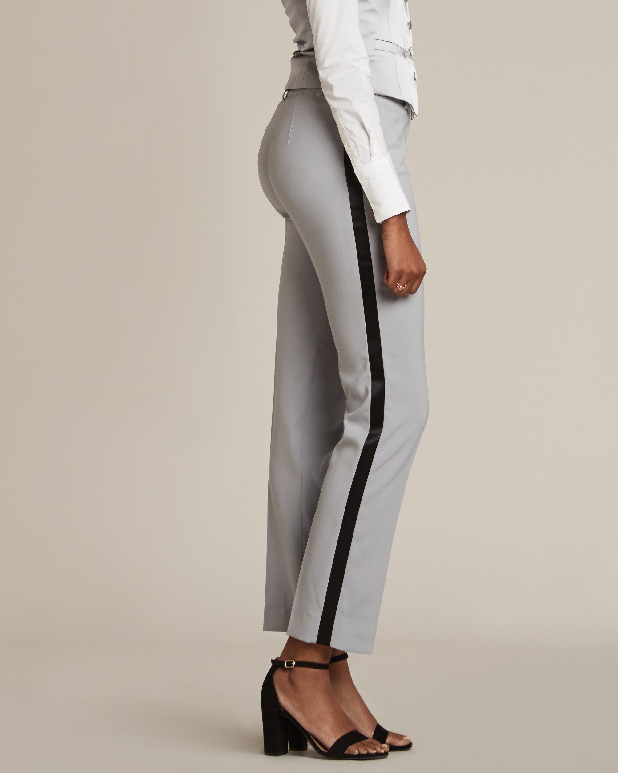 Stone Gray and Black Slim Fit Tuxedo Pants for Women – LITTLE