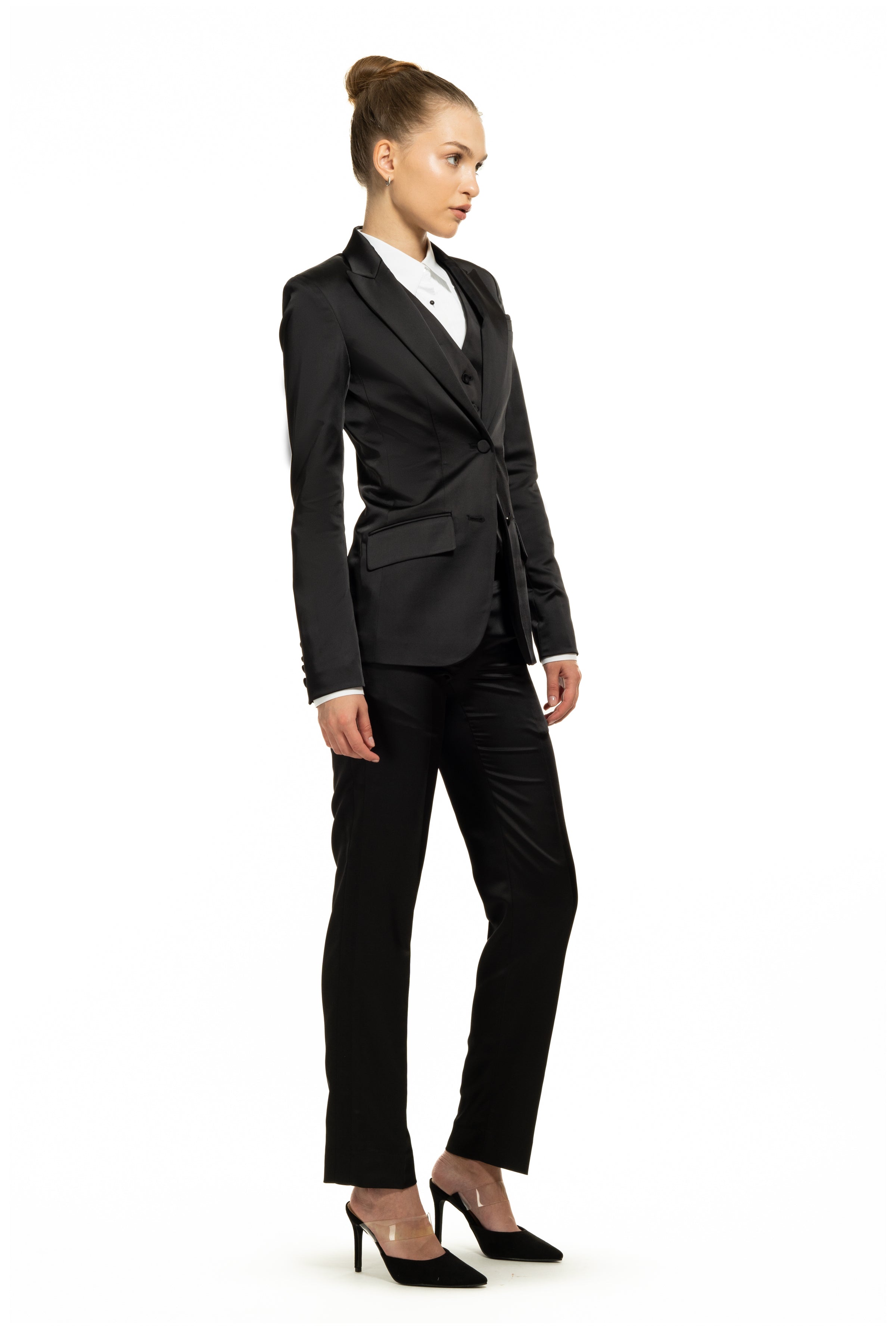 Black Satin Slim Fit Tuxedo Pants w/ Satin Back Pocket