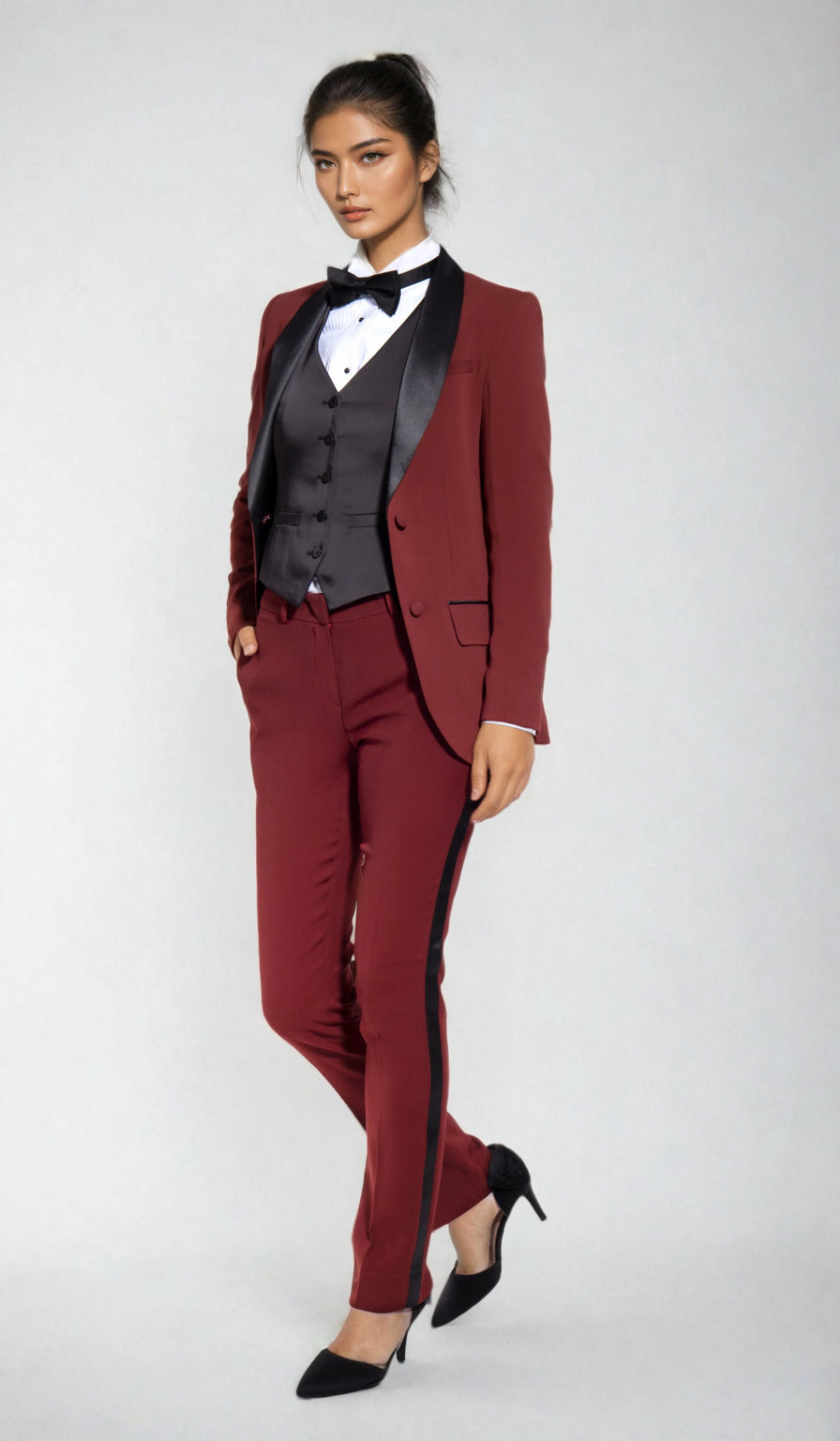Burgundy Slim Fit Tuxedo Pants for Women LITTLE BLACK TUX