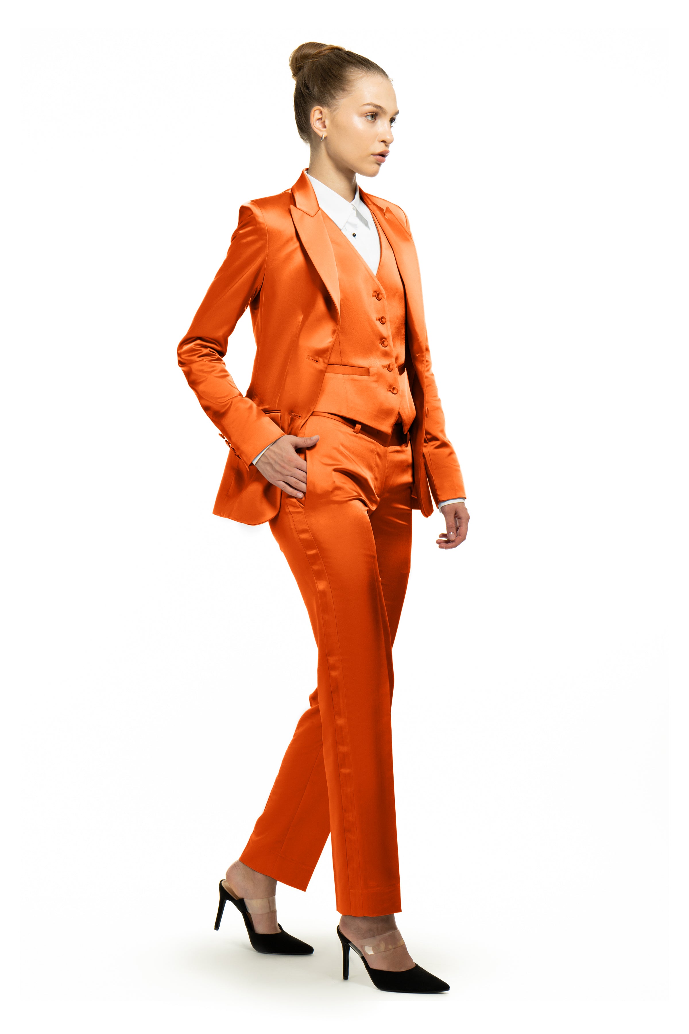 Copper Orange Satin Slim Fit Tuxedo Pants w/ Satin Back Pocket