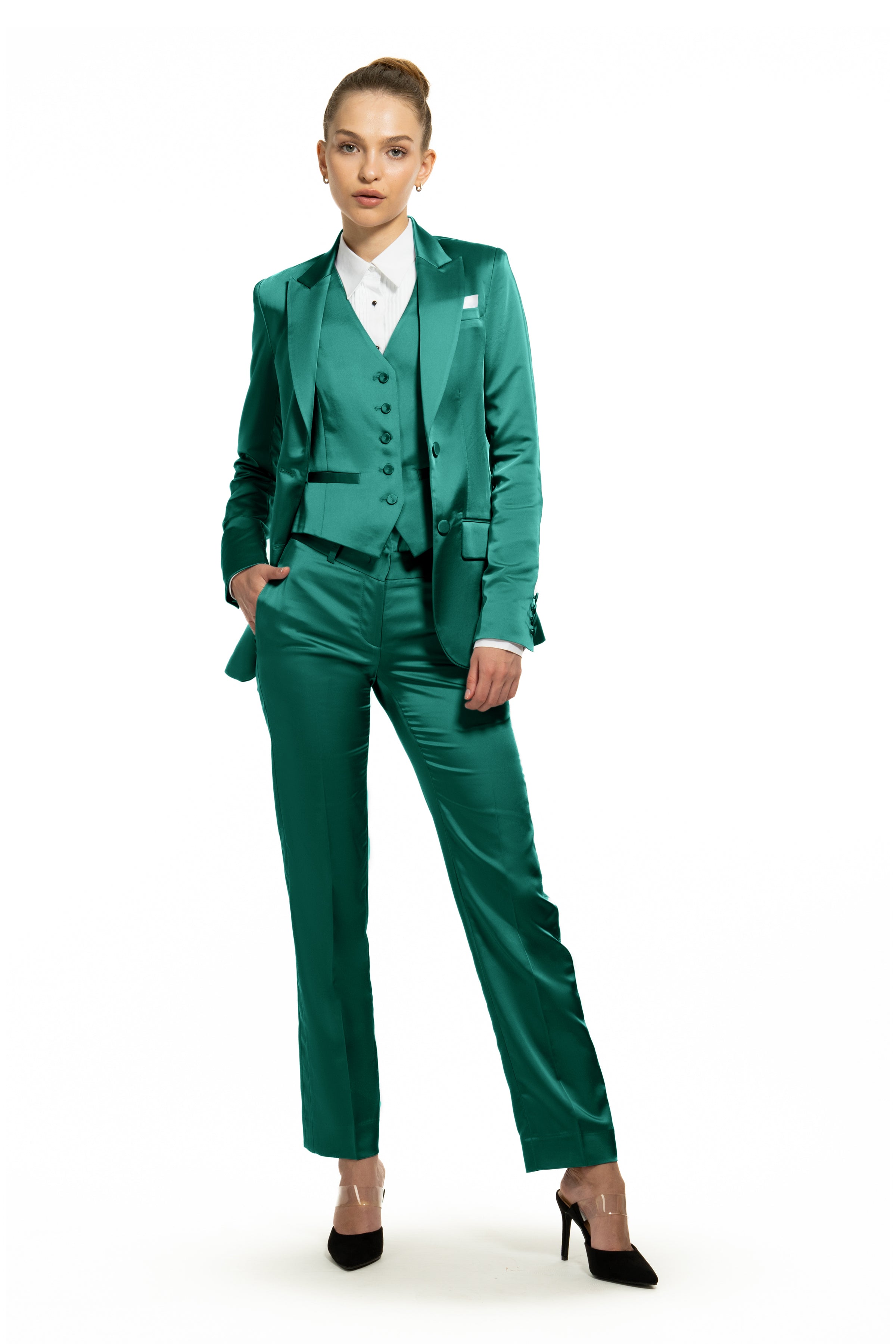 Emerald Green Satin Slim Fit Tuxedo Pants w/ Satin Back Pocket