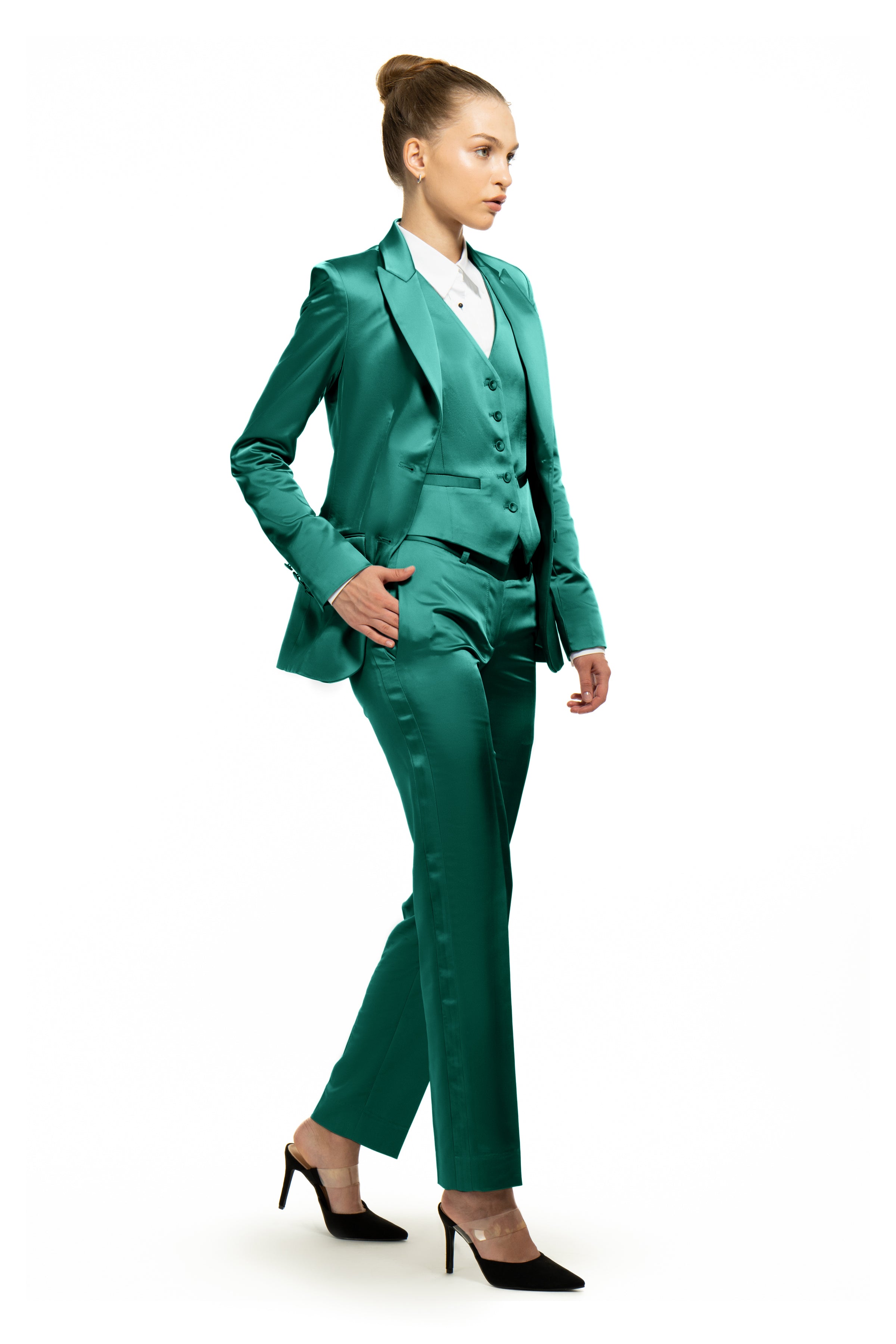 Emerald Green Satin Slim Fit Tuxedo Pants w/ Satin Back Pocket