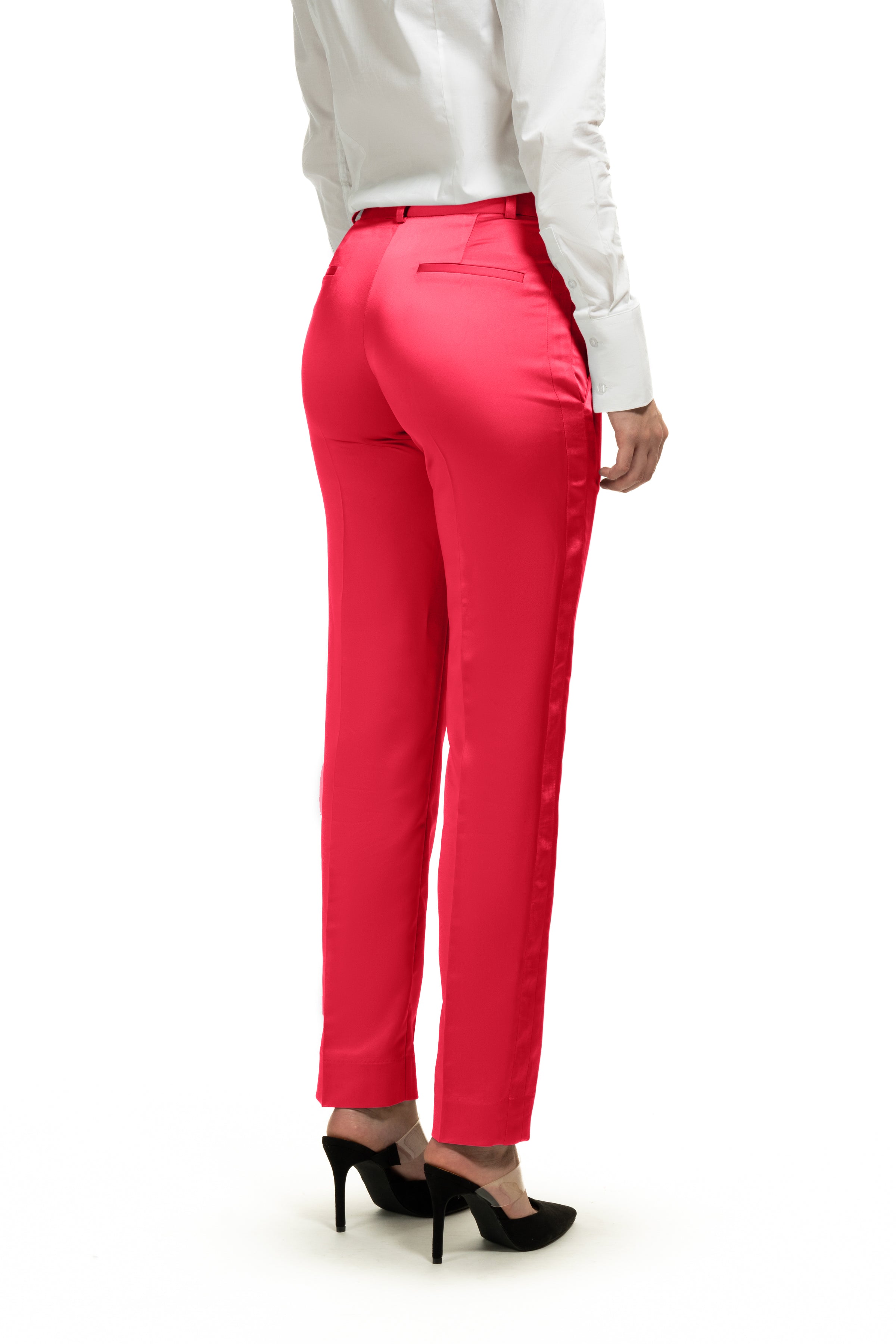 Fuchsia Satin Slim Fit Tuxedo Pants w/ Satin Back Pocket