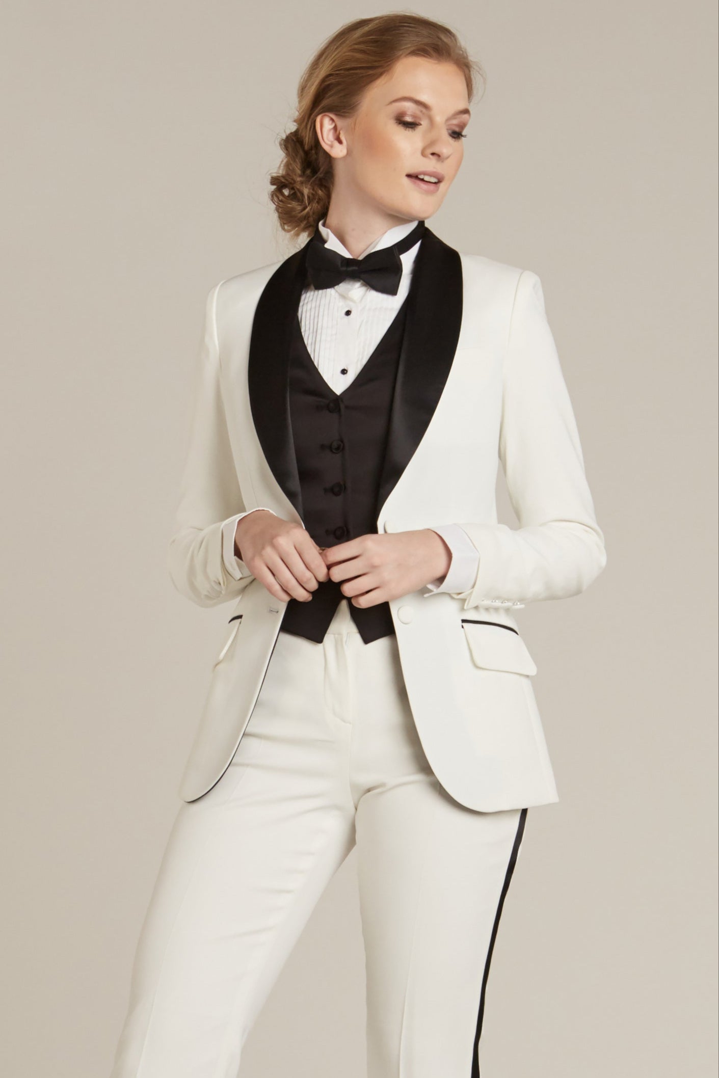 Pearl White & Black Shawl Collar Tuxedo Jacket