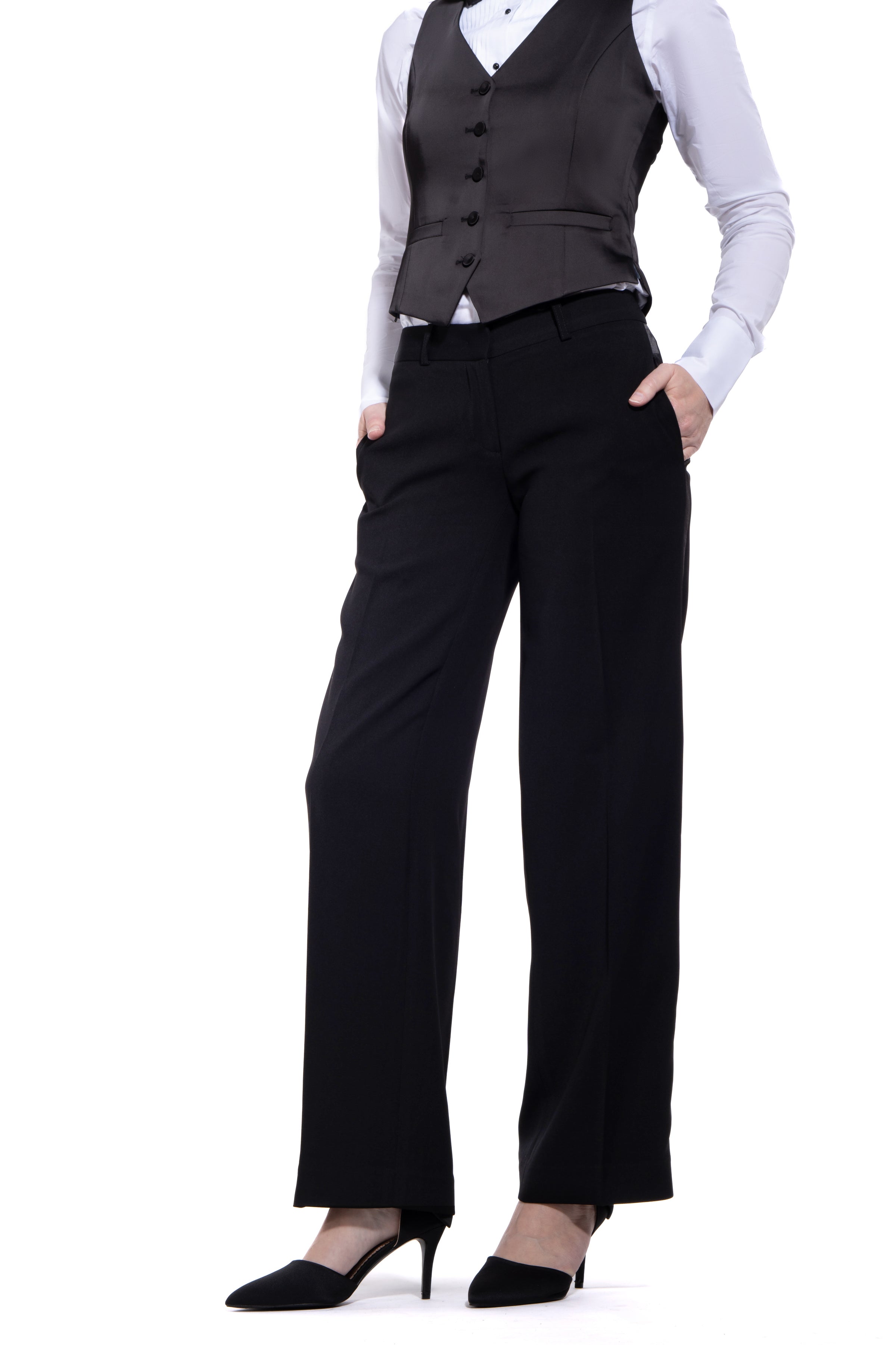 Black Straight Wide Fit Tuxedo Pants w/ Satin Back Pocket