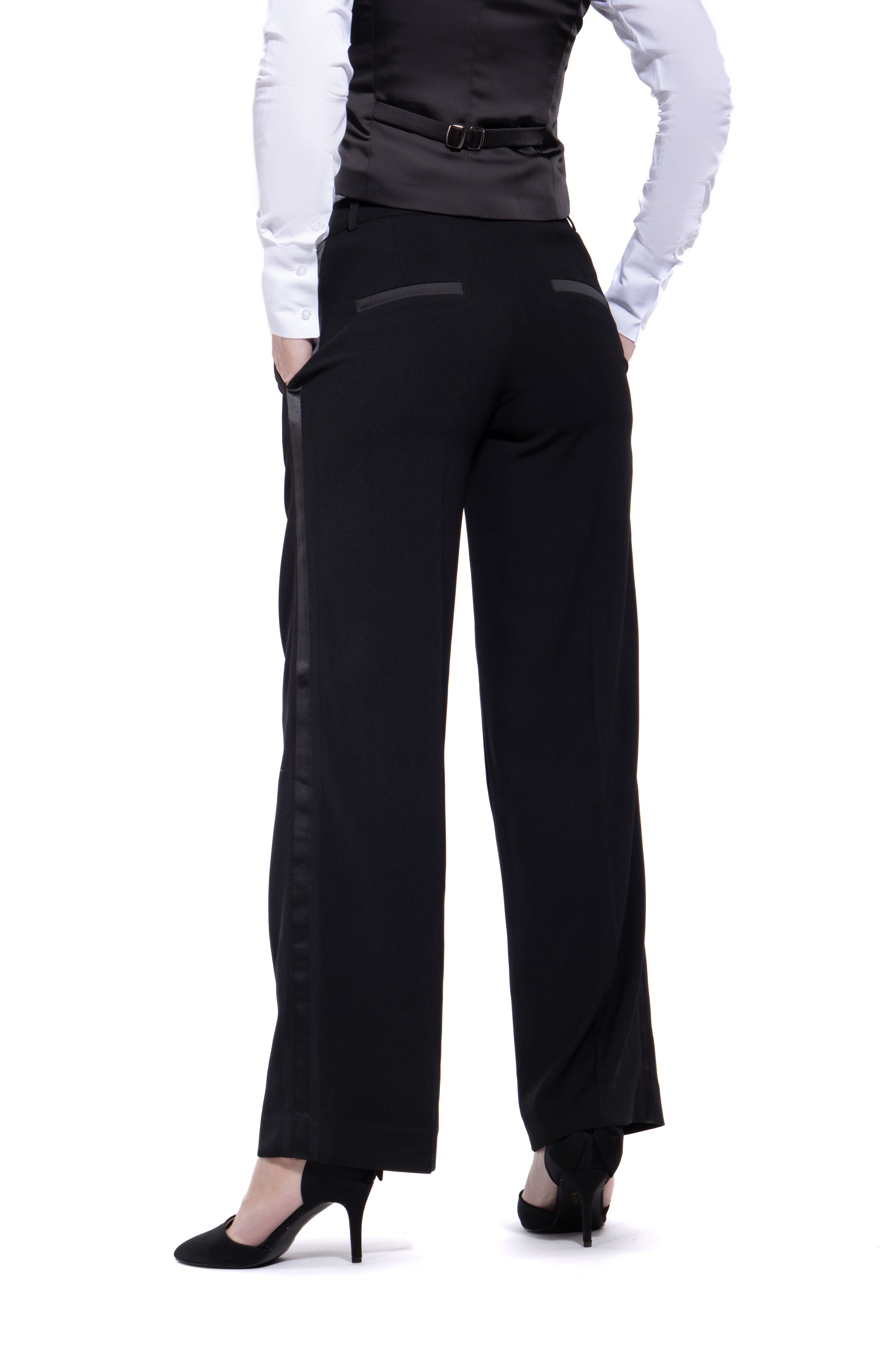 Black Straight Wide Fit Tuxedo Pants w/ Satin Back Pocket