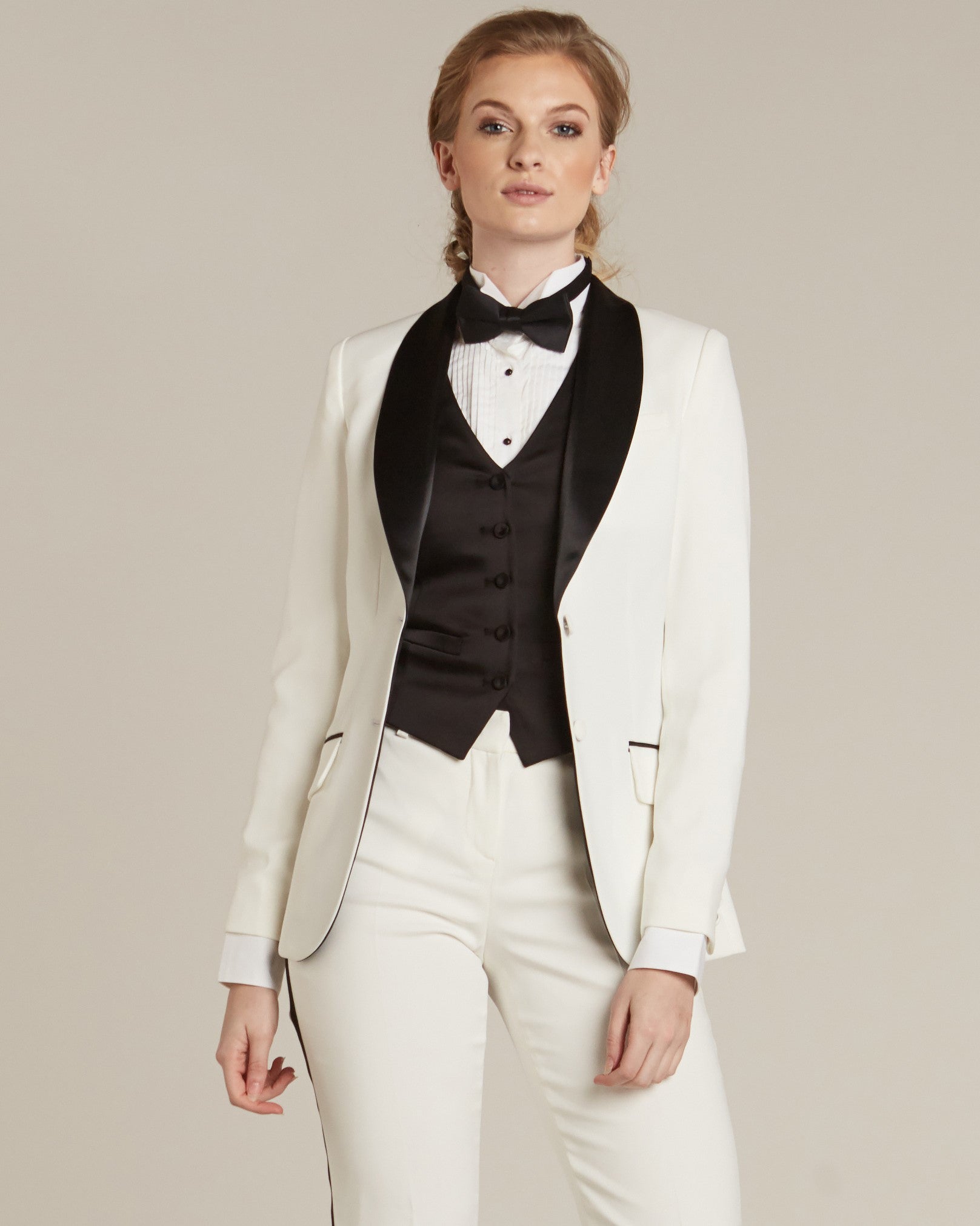 Pearl White & Black Shawl Collar Tuxedo Jacket