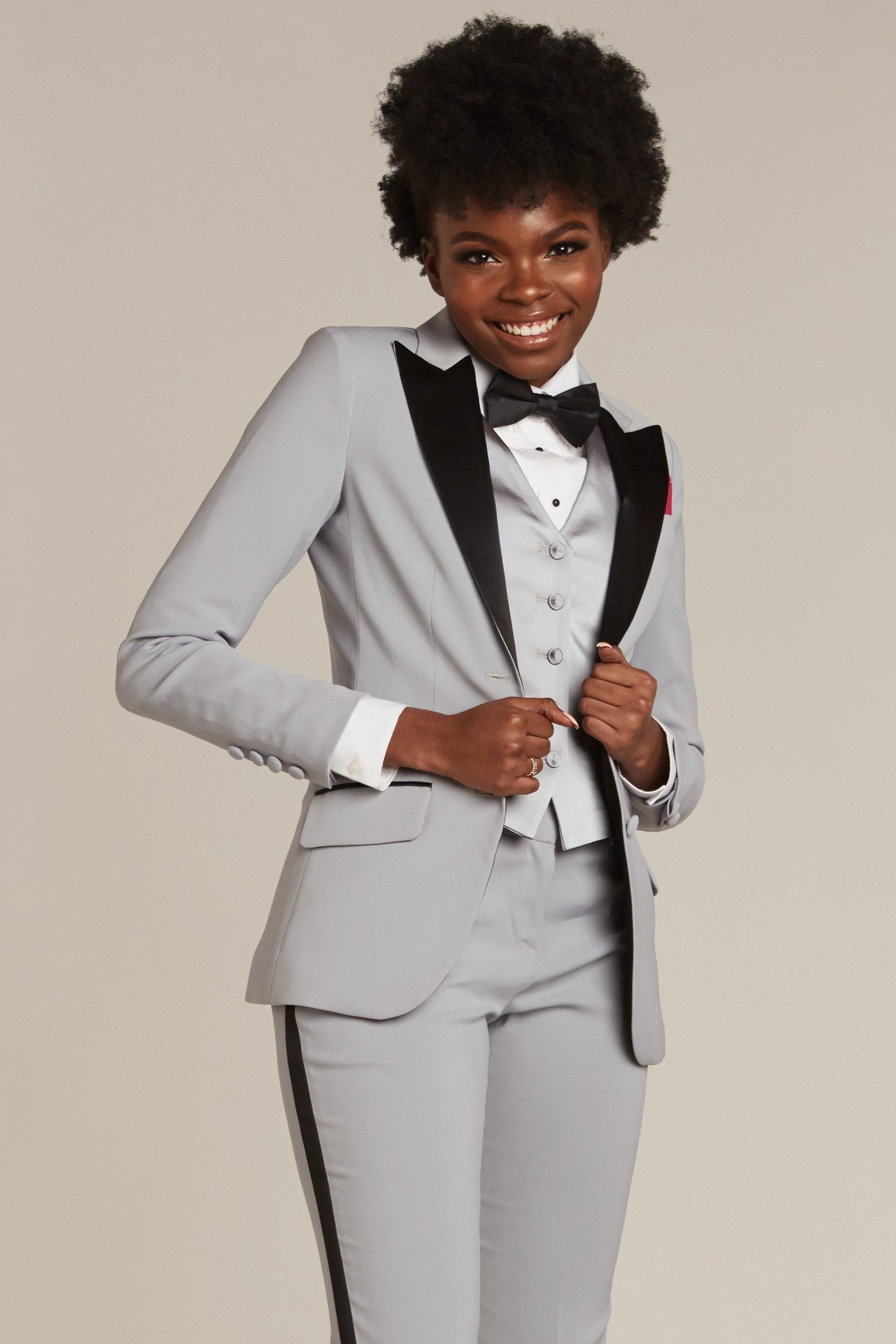 Silver Gray & Black Peak Lapel Tuxedo Jacket - Women’s Tuxedo Suits | girls prom tuxedo | gal tux | Wedding Party, Bridesmaids