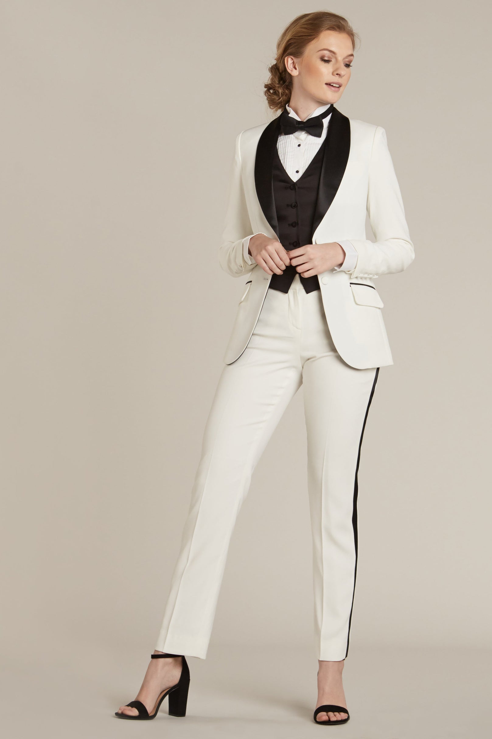 Pearl White & Black Shawl Collar Tuxedo Jacket