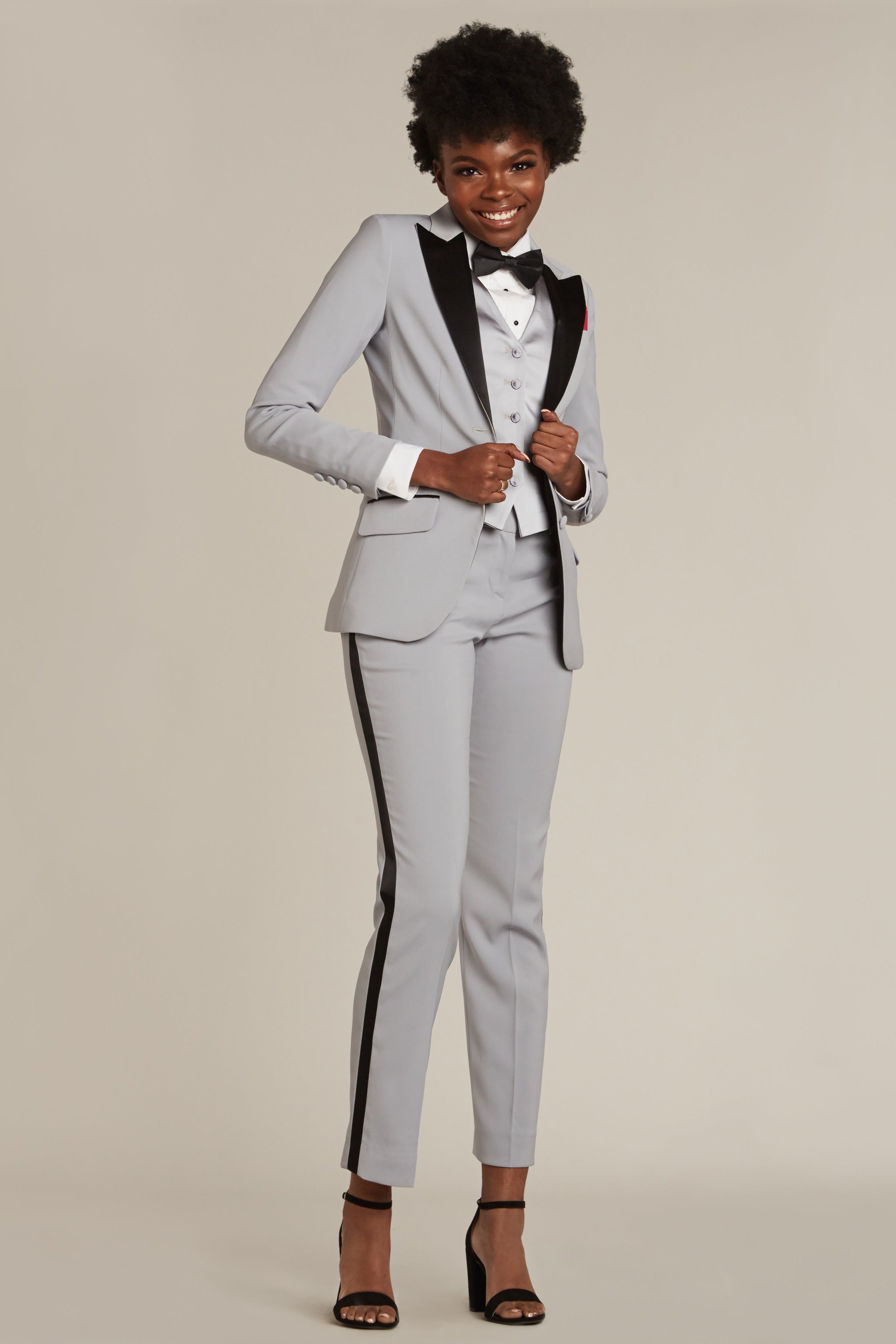 Silver Gray & Black Peak Lapel Tuxedo Jacket - Women’s Tuxedo Suits | girls prom tuxedo | gal tux | Wedding Party, Bridesmaids