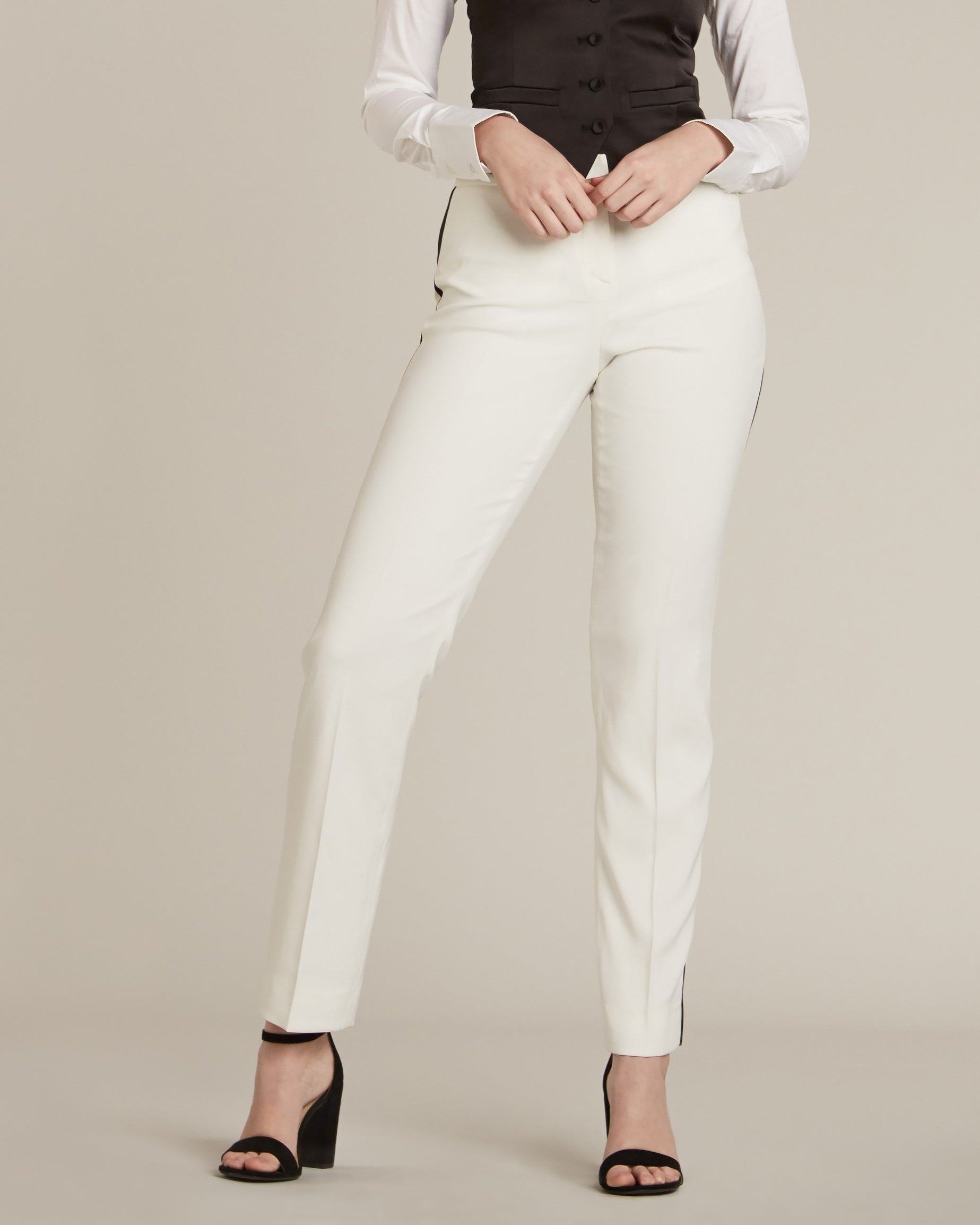 Pearl White & Black Slim Fit Tuxedo Pants