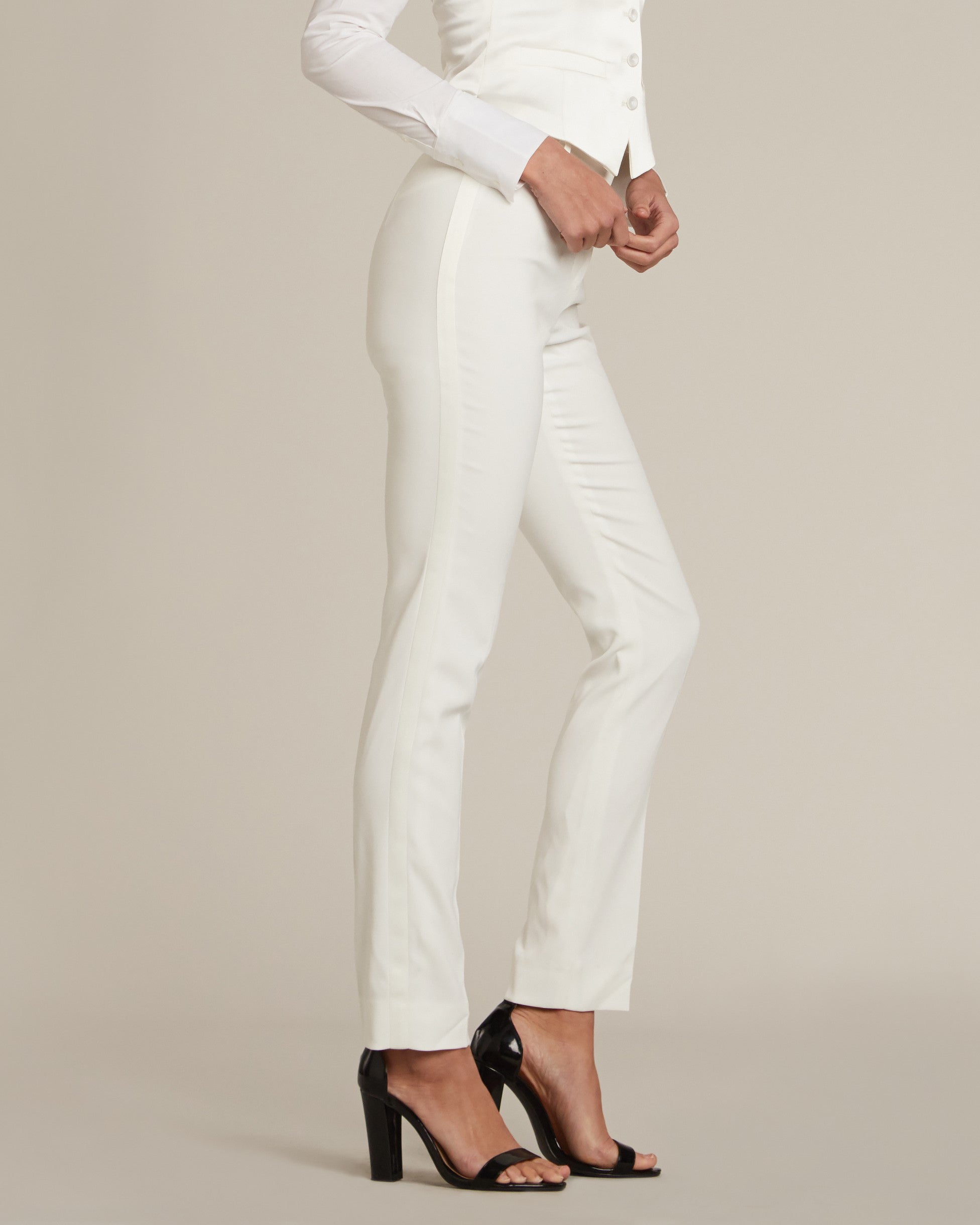 Pearl White Slim Fit Tuxedo Pants w/ Satin Back Pocket