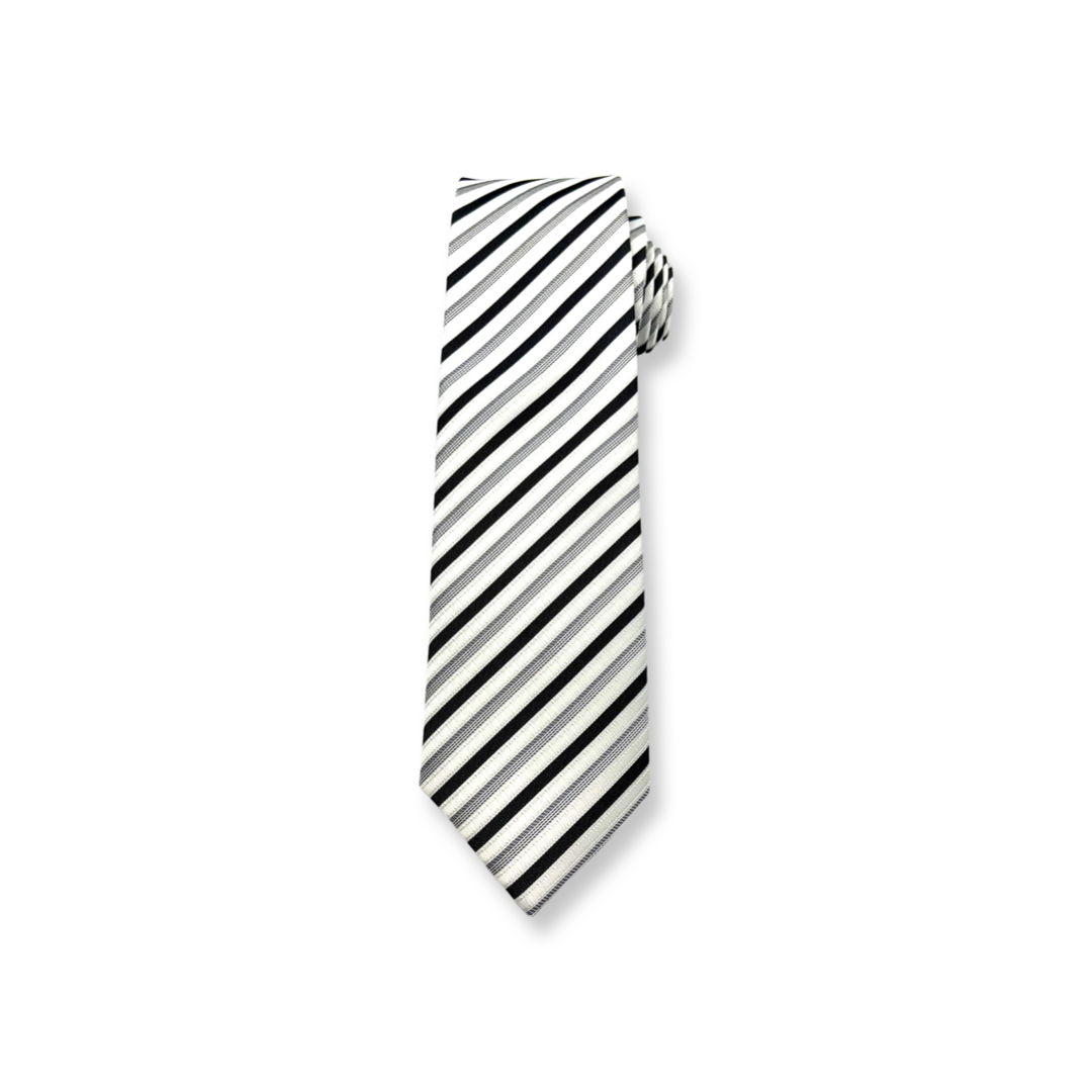 Black-White-Grey Striped Poly/Satin Long Tie